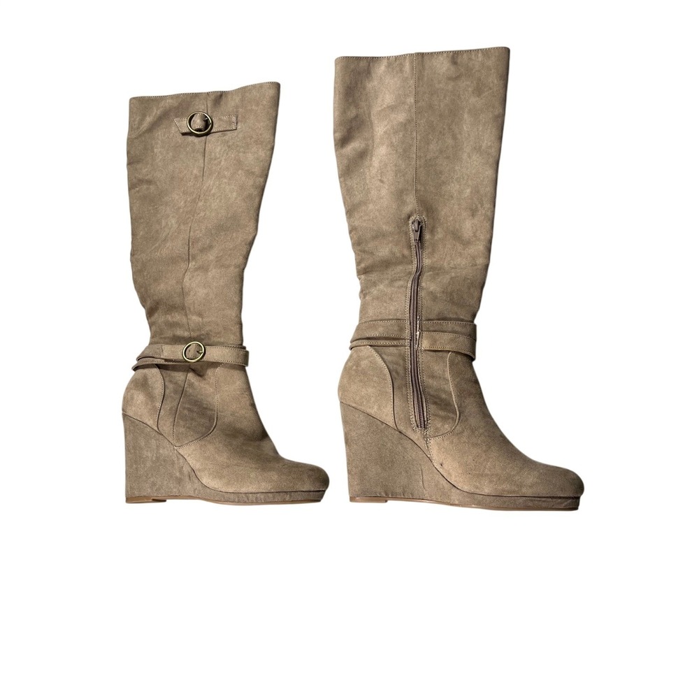 Just Fabulous Women's Size 8 Taupe Knee High Wedge Boots Faux Suede Buckle Zip